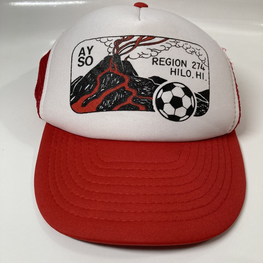 Vintage Otto AYSO Soccer Hilo Hawaii Trucker Hat Red Volcano Big Island Rare VTG